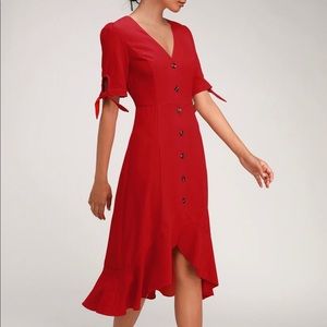 Lulus Gemma Red Button Front Tie Sleeve Ruffled Midi Dress